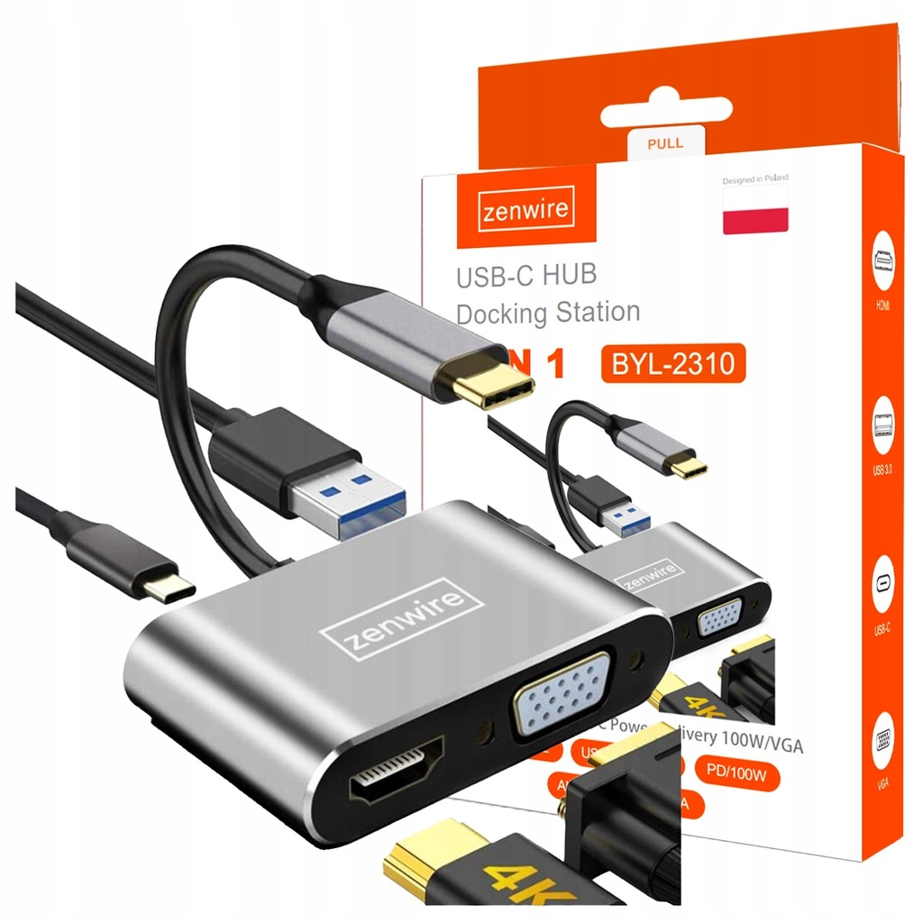 ADAPTER HUB Przejściówka USB-C 4W1 HDMI 4K VGA USB Zenwire - Zdjęcie nr 1