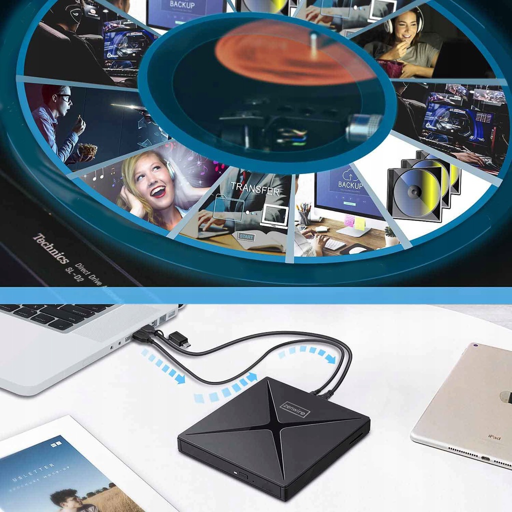 Przenośny zewnętrzny napęd DVD-CD RW HUB USB-C USB 3.0 Zenwire 4w1 Czytnik kart SD - Zdjęcie nr 2