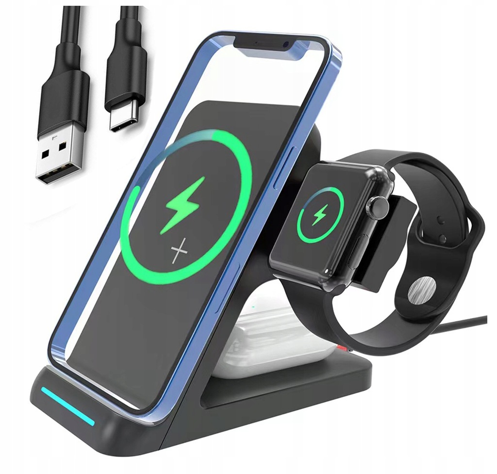 Ładowarka indukcyjna 3w1 do Samsung s21 S20 Apple + AirPods Buds Apple Watch 15W - Zdjęcie nr 1