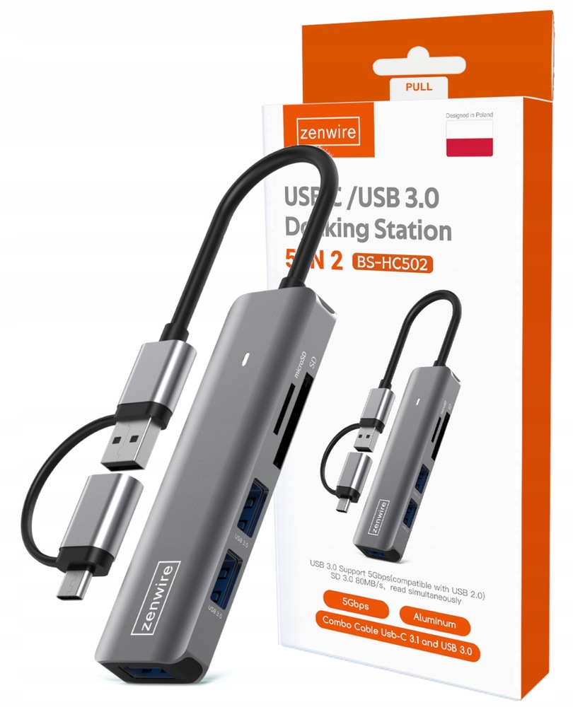 HUB USB-C 7W1 3x USB 3.0 Czytnik Kart SD TF COMBO Zenwire - Zdjęcie nr 6