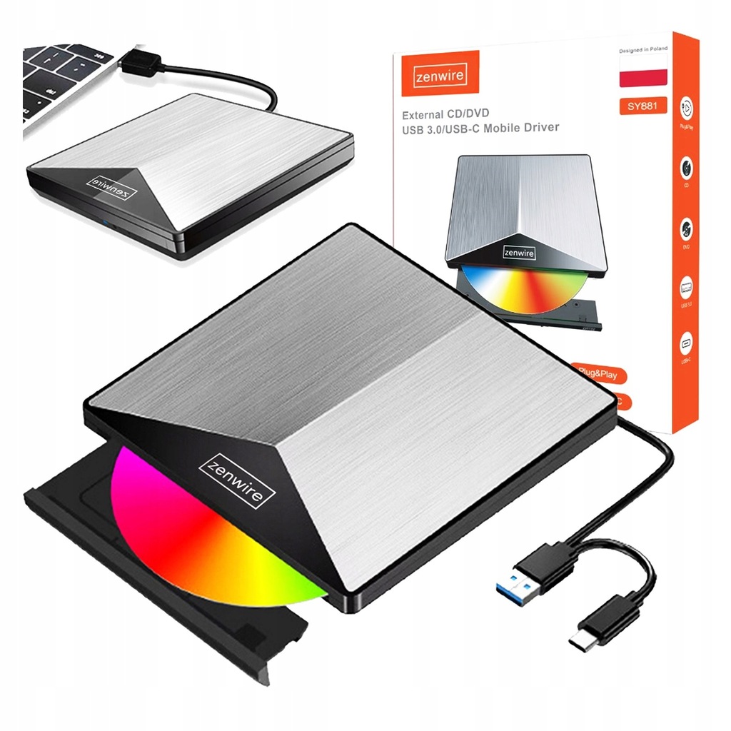 Zewnętrzny Napęd Przenośny ODTWARZACZ PŁYT DVD CD RW  2w1 USB 3.0 oraz USB-C 3.1 do laptopa i komputera NAGRYWARKA ALUMINIOWY - Zdjęcie nr 1