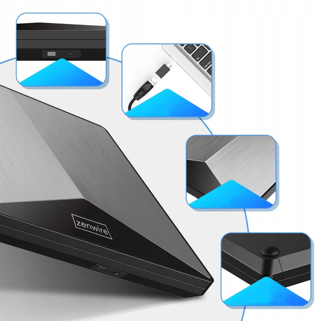 Zewnętrzny Napęd Przenośny ODTWARZACZ PŁYT DVD CD RW 2w1 USB 3.0 oraz USB-C 3.1 do laptopa i komputera NAGRYWARKA ALUMINIOWY - Zdjęcie nr 6