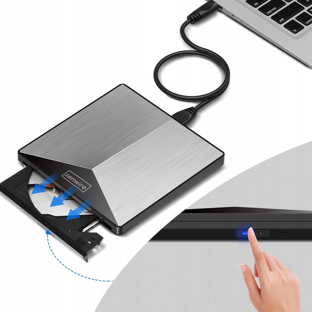 Zewnętrzny Napęd Przenośny ODTWARZACZ PŁYT DVD CD RW 2w1 USB 3.0 oraz USB-C 3.1 do laptopa i komputera NAGRYWARKA ALUMINIOWY - Zdjęcie nr 2