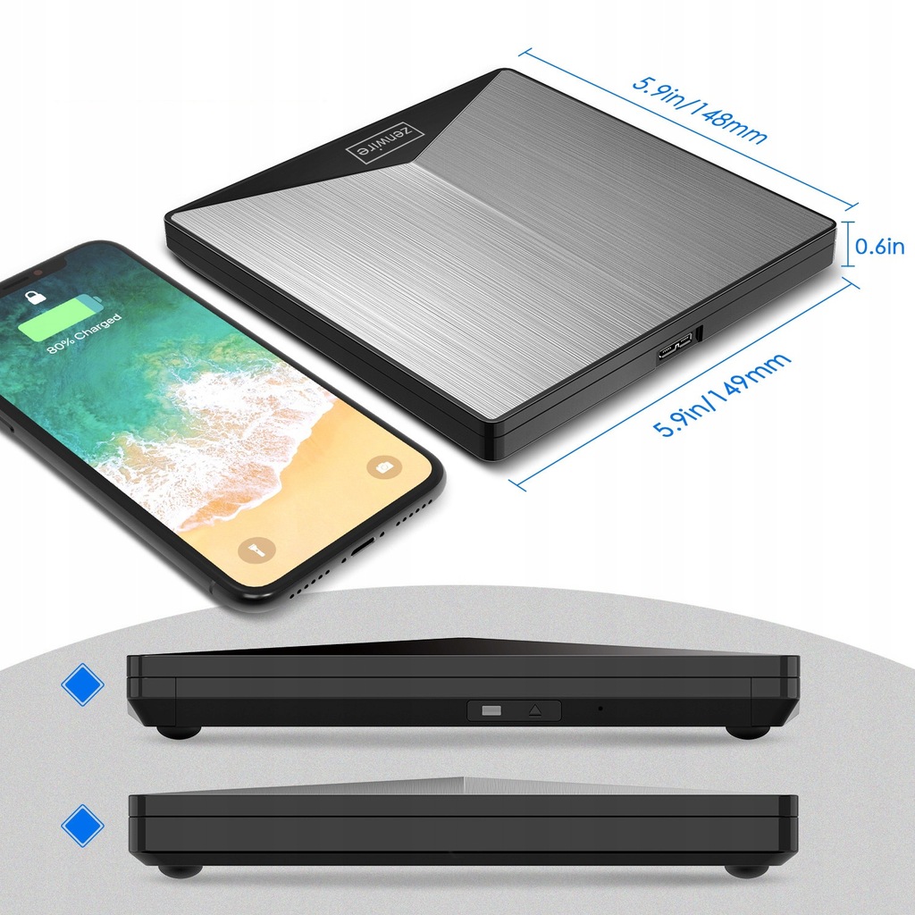 Zewnętrzny Napęd Przenośny ODTWARZACZ PŁYT DVD CD RW 2w1 USB 3.0 oraz USB-C 3.1 do laptopa i komputera NAGRYWARKA ALUMINIOWY - Zdjęcie nr 4