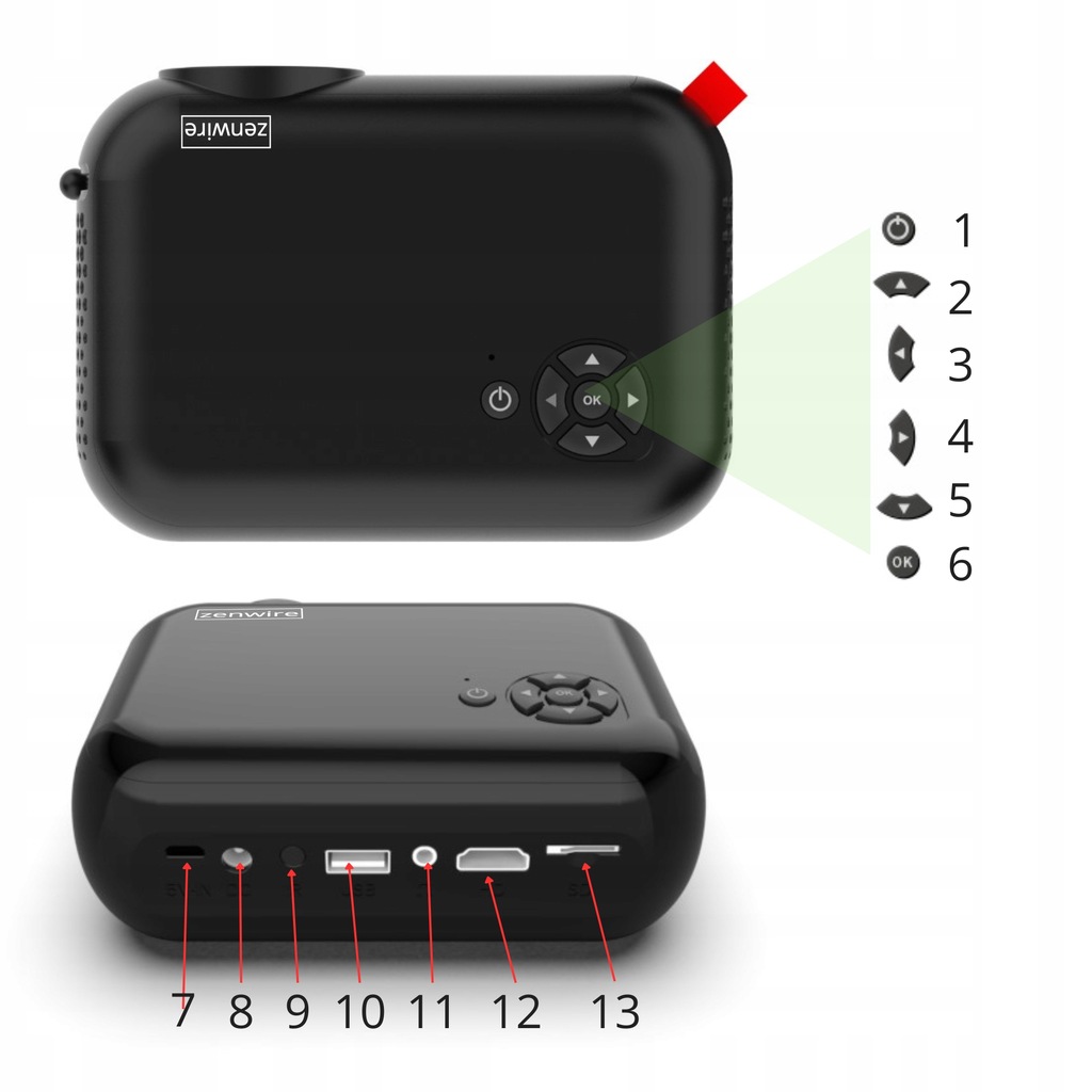 Mini PROJEKTOR do Telefonu PRZENOŚNY RZUTNIK FULL HD WiFi LED HDMI 1800lm Zenwire A10 Czarny - Zdjęcie nr 3
