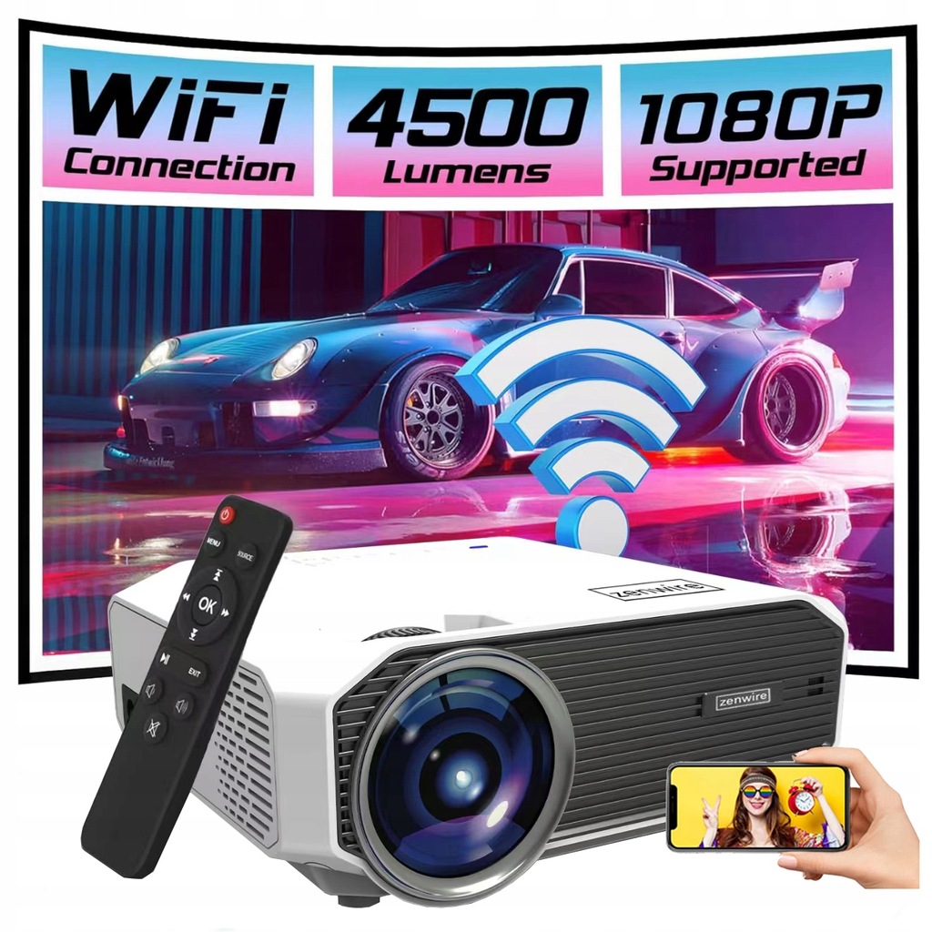 Mini Projektor WiFi Przenośny Rzutnik Full HD Bluetooth do telefonu 4500 lm 1500:1 HDMI USB LED Zenwire e450s - Zdjęcie nr 1