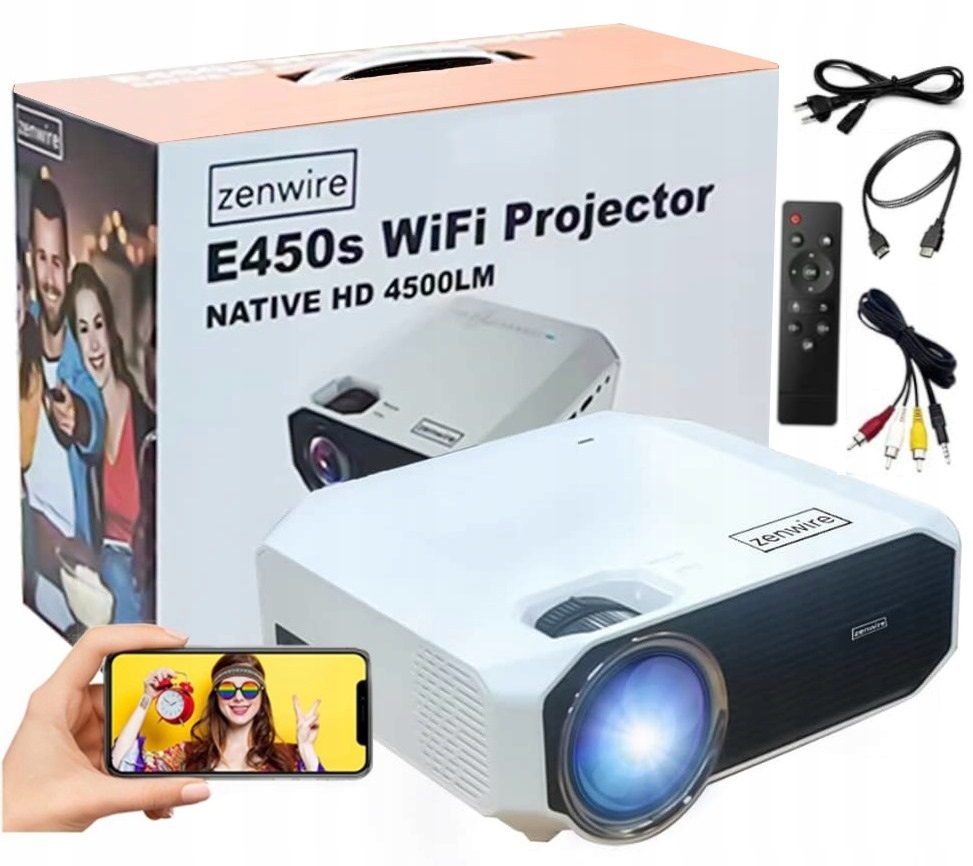 Mini Projektor WiFi Przenośny Rzutnik Full HD Bluetooth do telefonu 4500 lm 1500:1 HDMI USB LED Zenwire e450s - Zdjęcie nr 10