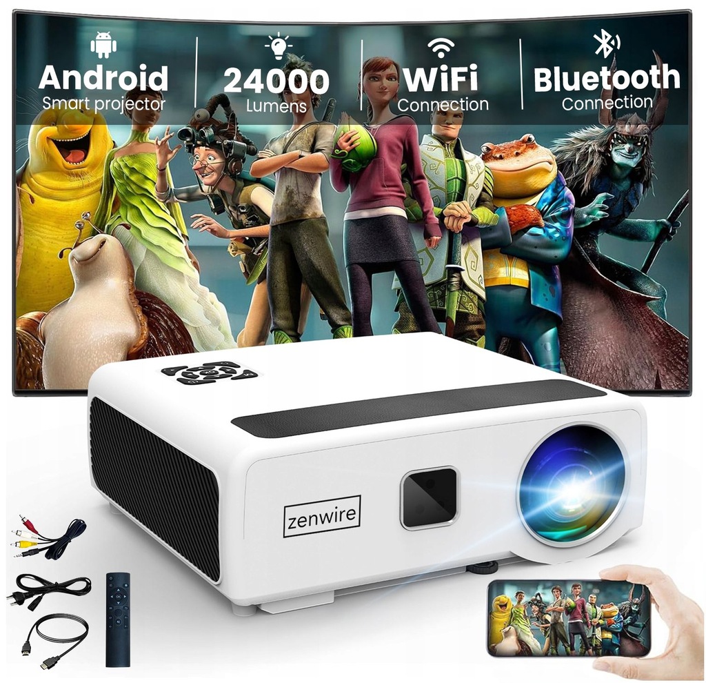 Projektor Rzutnik LED WiFi 2.4/5GHz Android TV FULL HD 4K 24000lm 800 ansi Autofocus Autokeystone 4D Bluetooth 2x HDMI/2x USB/Ethernet/Audio Zenwire e660h - Zdjęcie nr 1