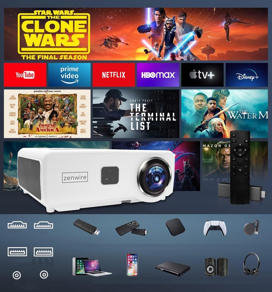 Projektor Rzutnik LED WiFi 2.4/5GHz Android TV FULL HD 4K 24000lm 800 ansi Autofocus Autokeystone 4D Bluetooth 2x HDMI/2x USB/Ethernet/Audio Zenwire e660h - Zdjęcie nr 12
