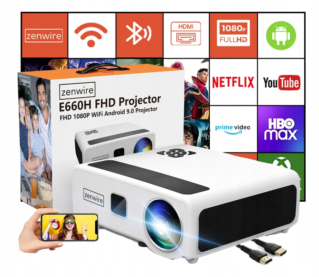 Projektor Rzutnik LED WiFi 2.4/5GHz Android TV FULL HD 4K 24000lm 800 ansi Autofocus Autokeystone 4D Bluetooth 2x HDMI/2x USB/Ethernet/Audio Zenwire e660h - Zdjęcie nr 2