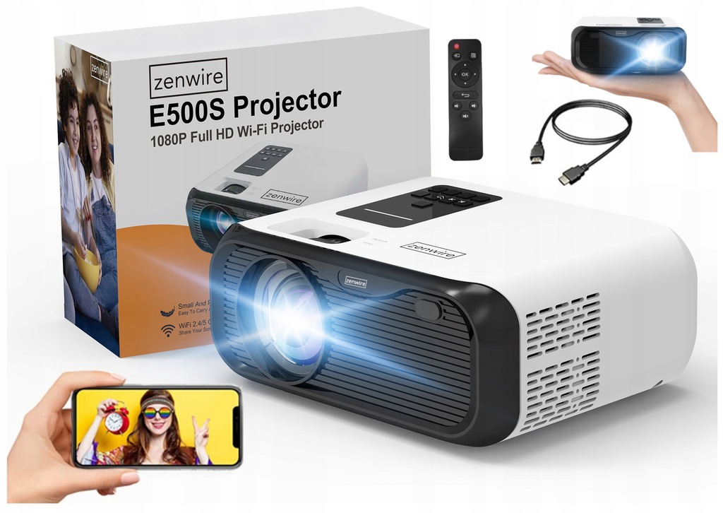 Mini Projektor Przenośny Rzutnik WiFi 2.4/5 GHz Miracast Airplay Full HD 4K 7500lm 250 ansi Bluetooth 5.0 Zenwire e500s - Zdjęcie nr 1