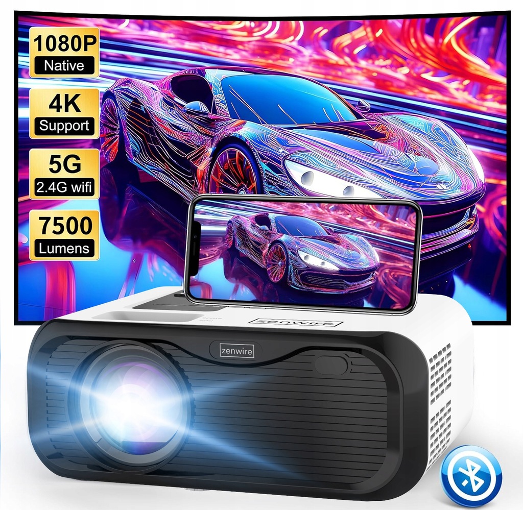 Mini Projektor Przenośny Rzutnik WiFi 2.4/5 GHz Miracast Airplay Full HD 4K 7500lm 250 ansi Bluetooth 5.0 Zenwire e500s - Zdjęcie nr 3