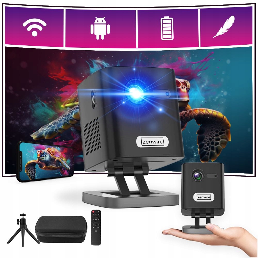 Mini Projektor DLP Przenośny Rzutnik Full HD 4K WiFi Android z wbudowaną baterią + Statyw + Etui ochronne Zenwire c1000 - Zdjęcie nr 1