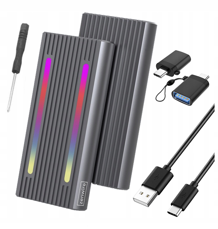 Obudowa na dysk SSD m2 4w1 NVME Pcie SATA NGFF M.2 USB-C USB 3.0 10 GB/s Adapter Kieszeń LED RGB Zenwire 2808SN - Zdjęcie nr 1