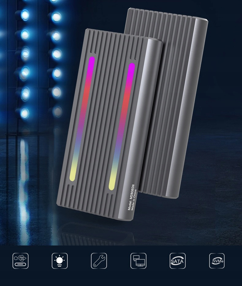 Obudowa na dysk SSD m2 4w1 NVME Pcie SATA NGFF M.2 USB-C USB 3.0 10 GB/s Adapter Kieszeń LED RGB Zenwire 2808SN - Zdjęcie nr 8