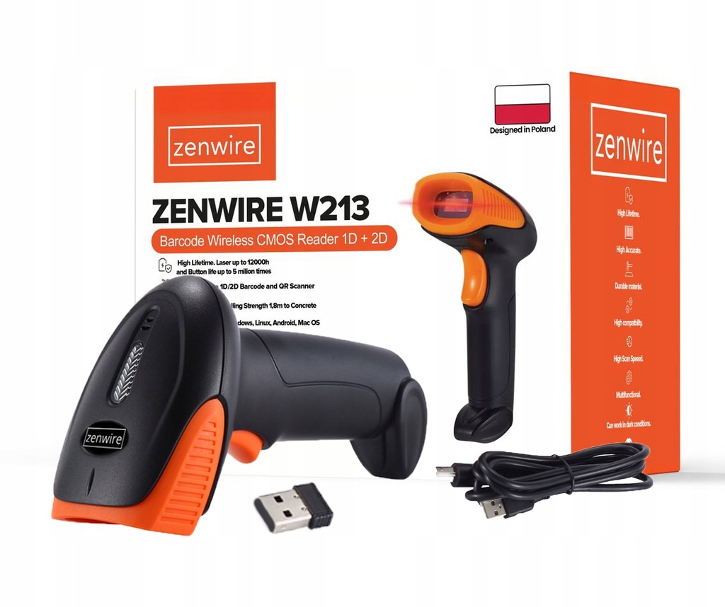 Czytnik Skaner Kodów Kreskowych i QR USB BEZPRZEWODOWY 1D 2D WiFi Zenwire W213 - zdjęcie 1