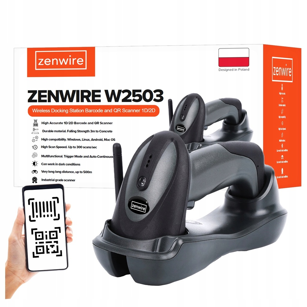 Czytnik Skaner Kodów Kreskowych QR 1D 2D ze Stacją Dokującą USB BEZPRZEWODOWY Zenwire W2503 - zdjęcie 1
